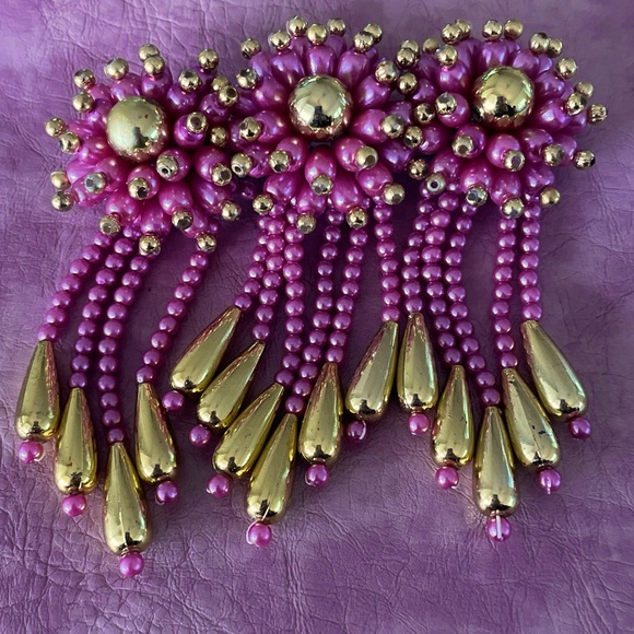 Pink And Gold Floral Faux Pearl Waterfall Beaded Hair Clip Bridal Prom Vintage - Picture 3 of 5
